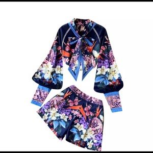 Women Floral Suit All-match High-waist Wide-leg Shorts Sets Fashionable Party